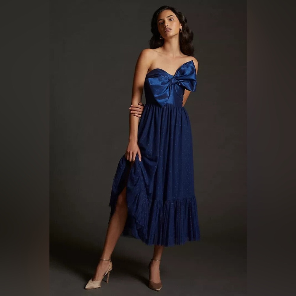 Hutch X Anthropologie Bow Tie Swiss Dot Tulle Midi Dress Navy Blue Size 4